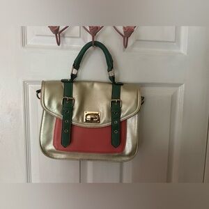 Sage/Coral Fold-over Purse with Gold Turn-lock Clasp and Purple Interior